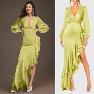 New MAC DUGGAL Size 0 Pistachio Green Satin Long Sleeve Maxi Ruffle Dress Gown